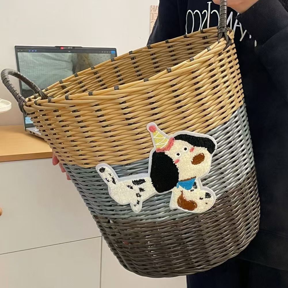 Ins Large Capacity Cute PuppyRattan Dirty Bathroom Toy Laundry Woven Storage Basket_voghion.com