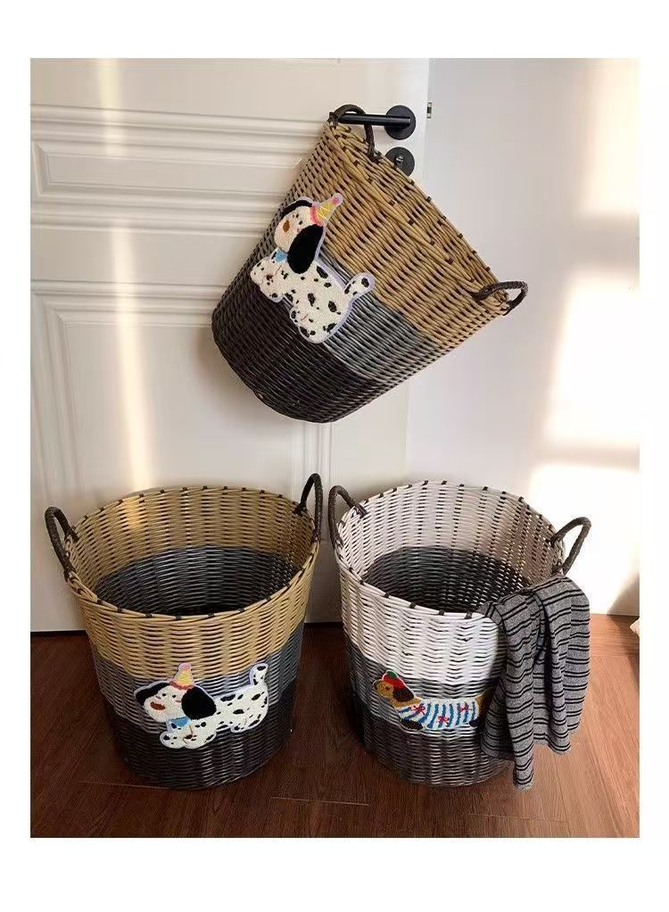 Ins Large Capacity Cute PuppyRattan Dirty Bathroom Toy Laundry Woven Storage Basket_voghion.com