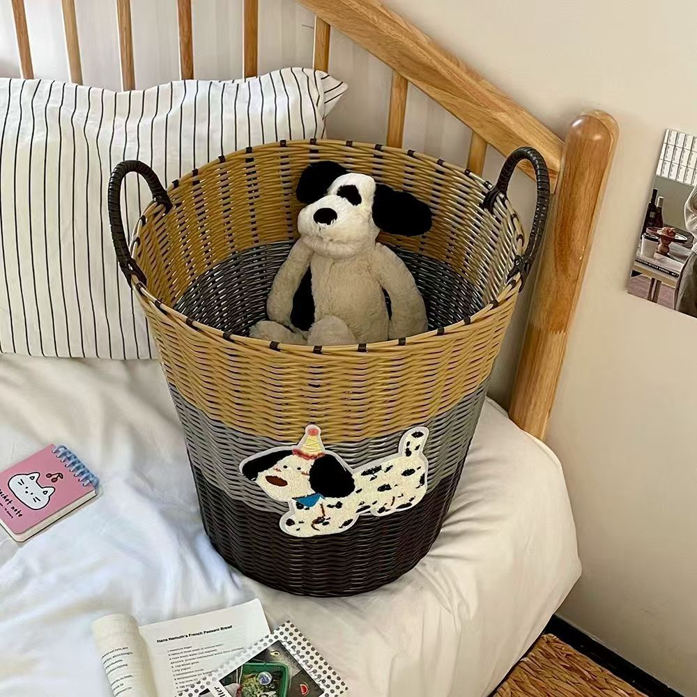 Ins Large Capacity Cute PuppyRattan Dirty Bathroom Toy Laundry Woven Storage Basket_voghion.com