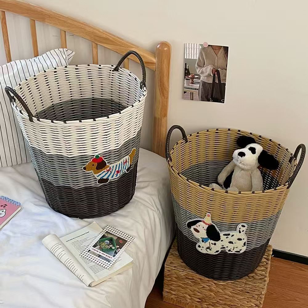 Ins Large Capacity Cute PuppyRattan Dirty Bathroom Toy Laundry Woven Storage Basket_voghion.com