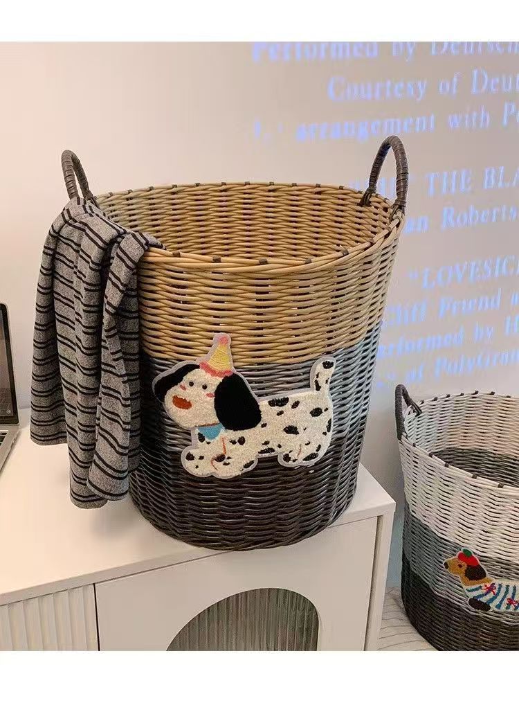 Ins Large Capacity Cute PuppyRattan Dirty Bathroom Toy Laundry Woven Storage Basket_voghion.com