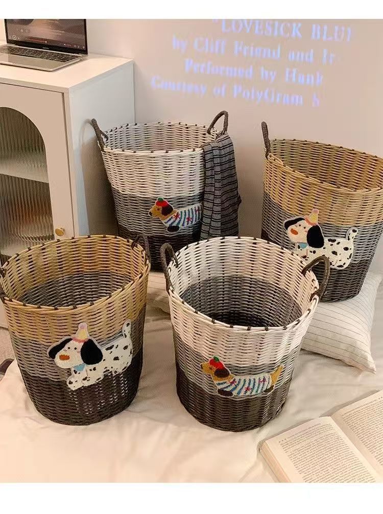 Ins Large Capacity Cute PuppyRattan Dirty Bathroom Toy Laundry Woven Storage Basket_voghion.com