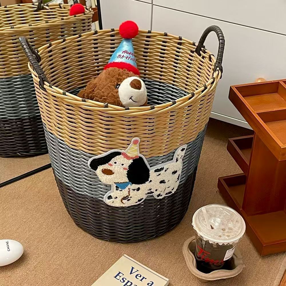 Ins Large Capacity Cute PuppyRattan Dirty Bathroom Toy Laundry Woven Storage Basket_voghion.com