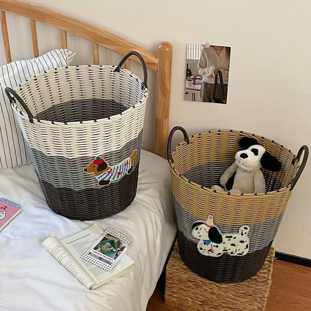 Ins Large Capacity Cute PuppyRattan Dirty Bathroom Toy Laundry Woven Storage Basket_voghion.com