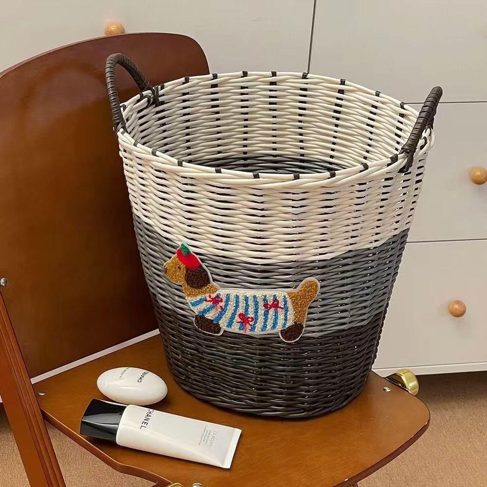 Ins Large Capacity Cute PuppyRattan Dirty Bathroom Toy Laundry Woven Storage Basket_voghion.com