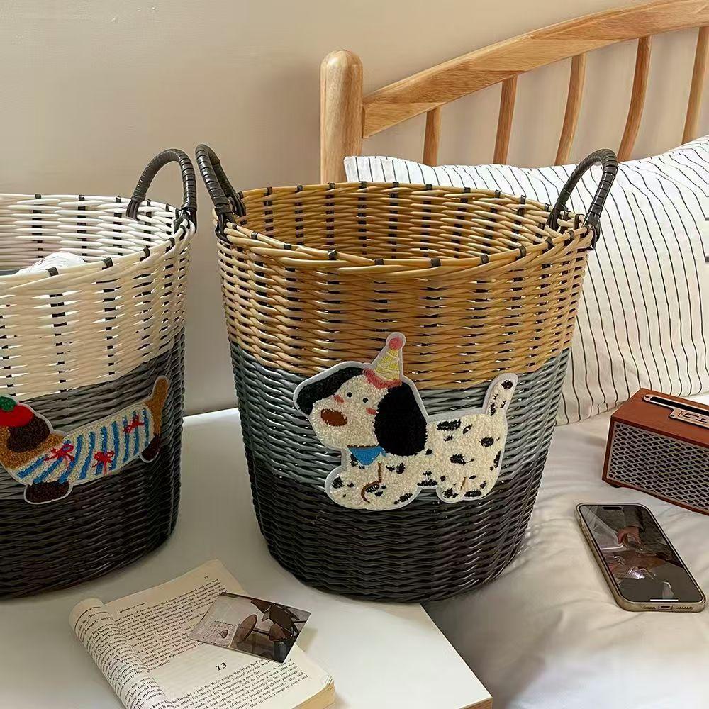 Ins Large Capacity Cute PuppyRattan Dirty Bathroom Toy Laundry Woven Storage Basket_voghion.com