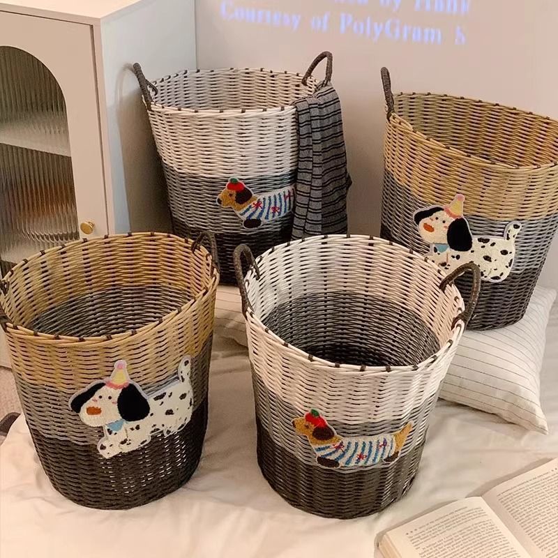 Ins Large Capacity Cute PuppyRattan Dirty Bathroom Toy Laundry Woven Storage Basket_voghion.com