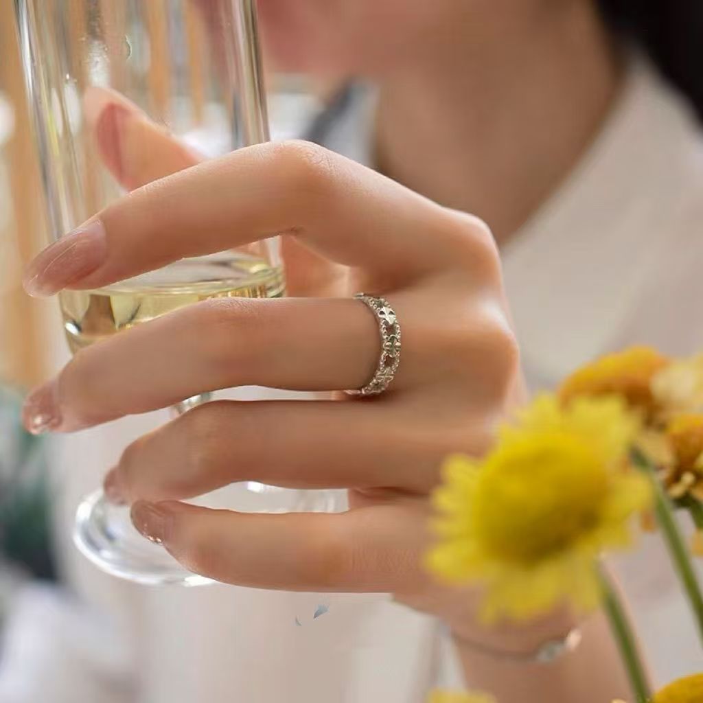 Authentic Niche Silver Solid Four-leaf Clover, Adjustable Antique-style Ring, Gift For Couples, Girlfriends, Or Mothers_voghion.com