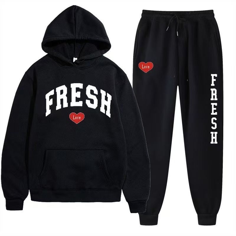 Felpa sportiva casual da uomo con stampa a cuore, set di felpa con cappuccio in pile alla moda autunno inverno all'ingrosso_voghion.com