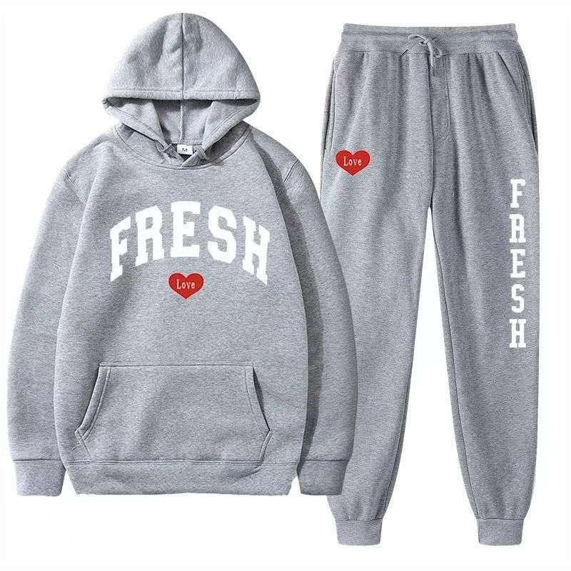 Felpa sportiva casual da uomo con stampa a cuore, set di felpa con cappuccio in pile alla moda autunno inverno all'ingrosso_voghion.com