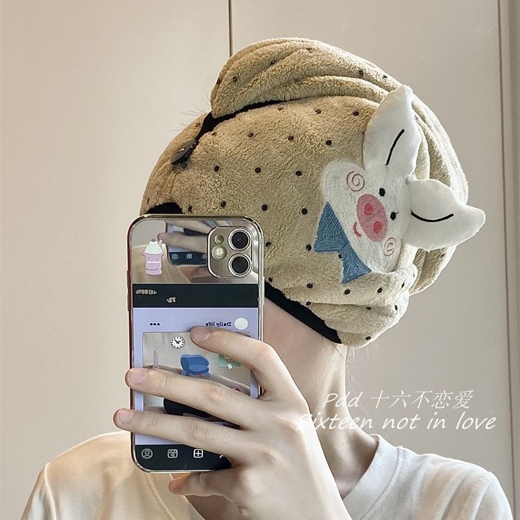 新款波点卡通小猪干发帽刺绣可爱家用头巾加厚吸水套头浴帽速干 图片 3