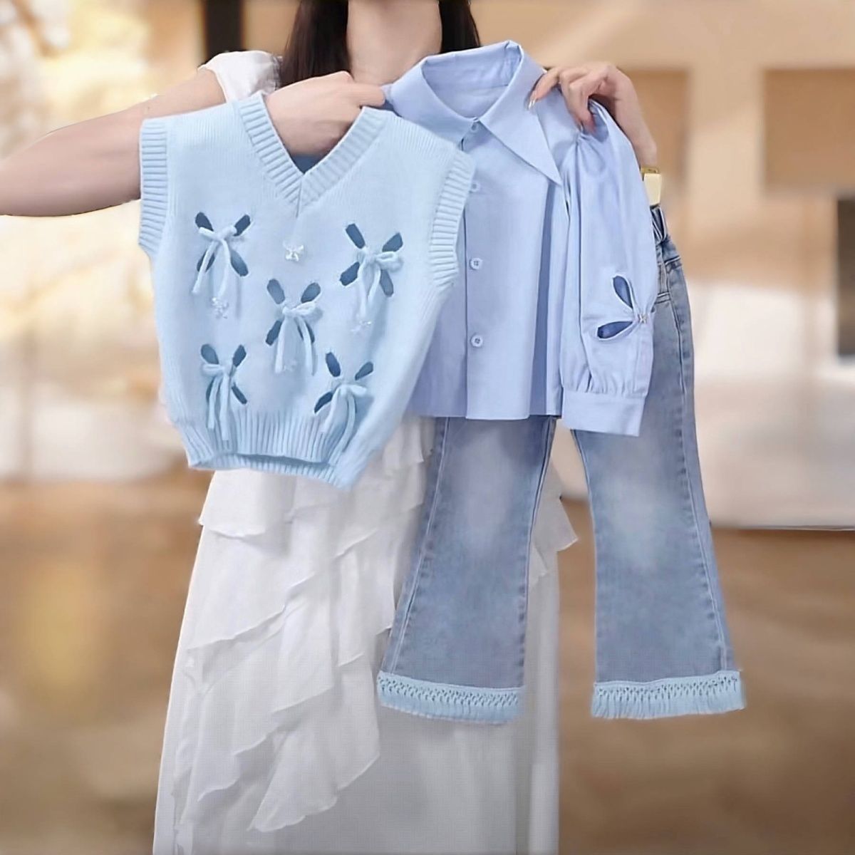Flickkläder set med skjorta väst och jeans tre delar_voghion.com