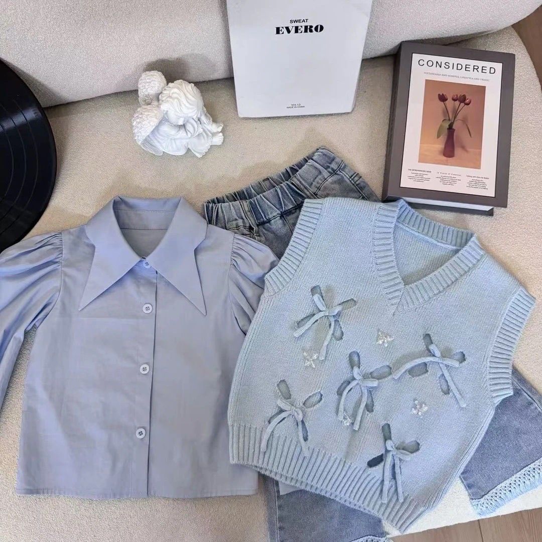 Flickkläder set med skjorta väst och jeans tre delar_voghion.com