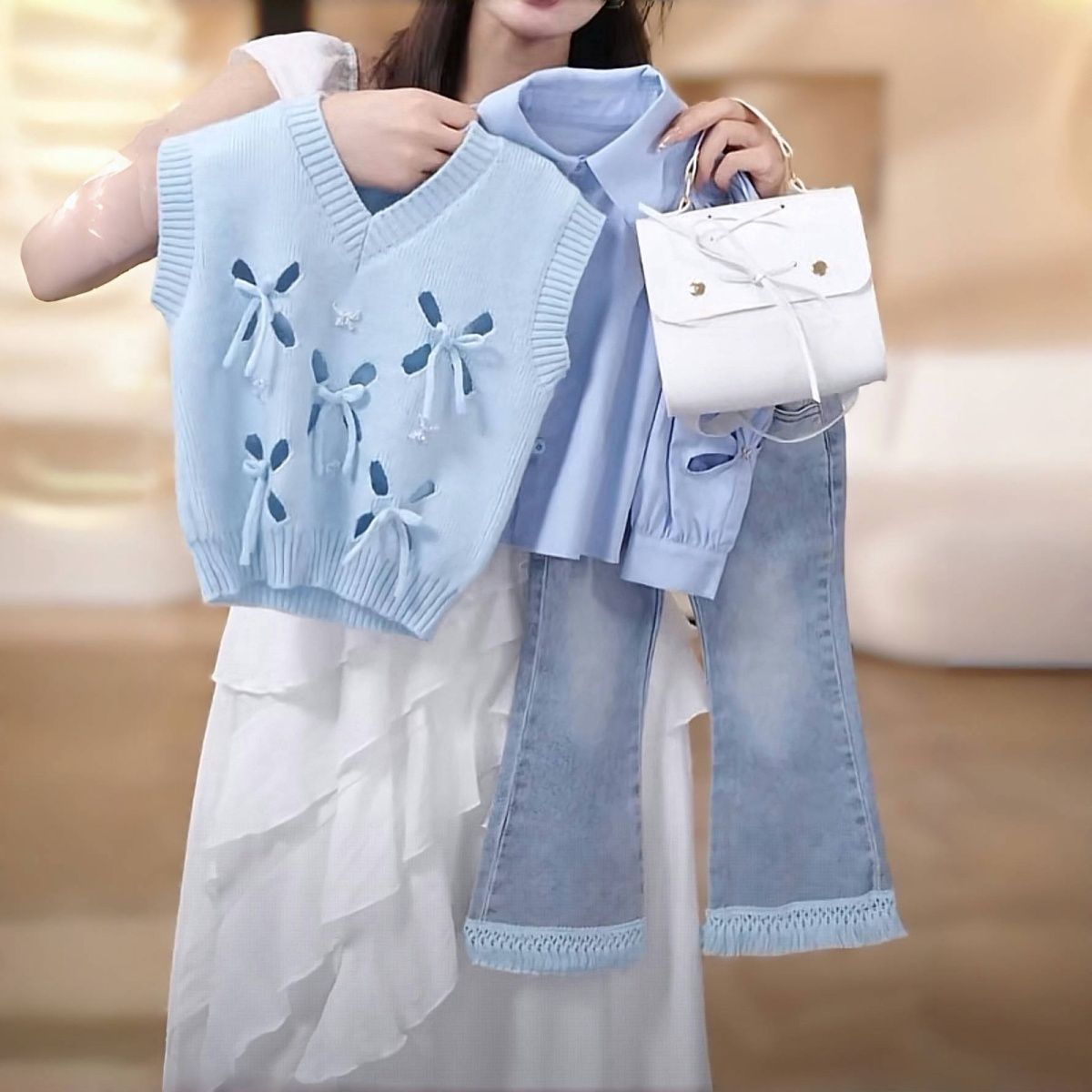 Flickkläder set med skjorta väst och jeans tre delar_voghion.com