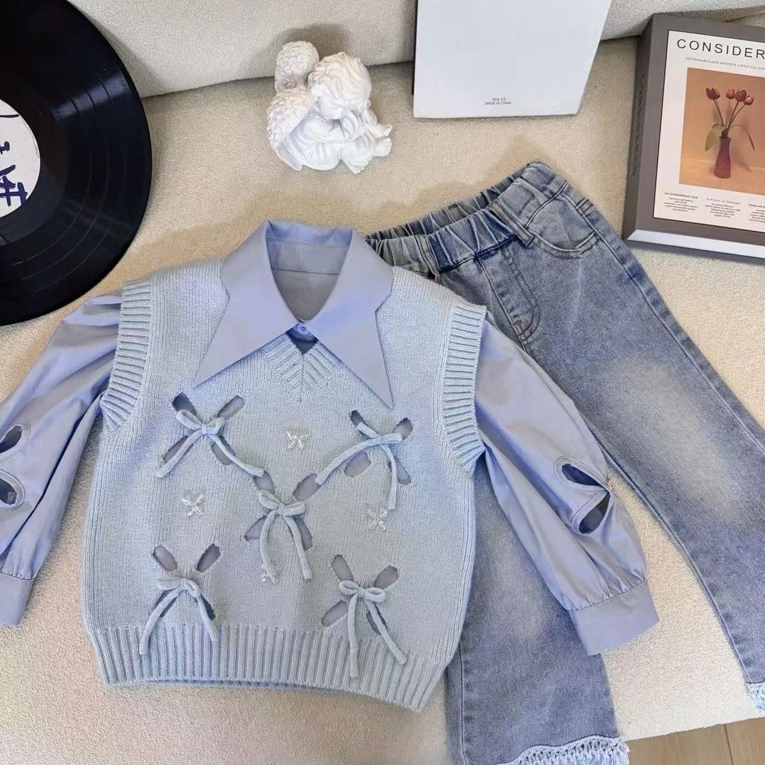 Flickkläder set med skjorta väst och jeans tre delar_voghion.com
