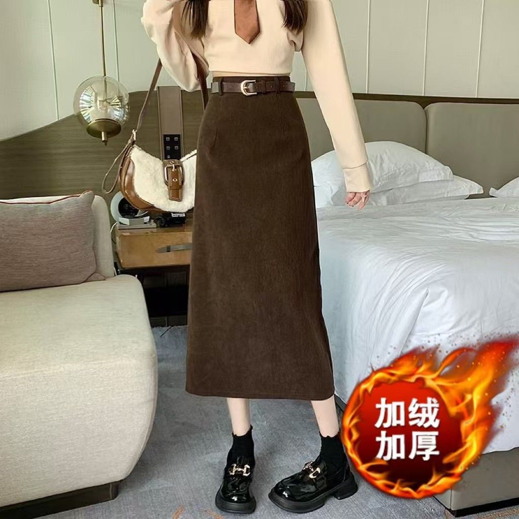 【送腰带】法式中长新款灯芯绒a字半身裙高腰秋冬显瘦遮胯一步裙