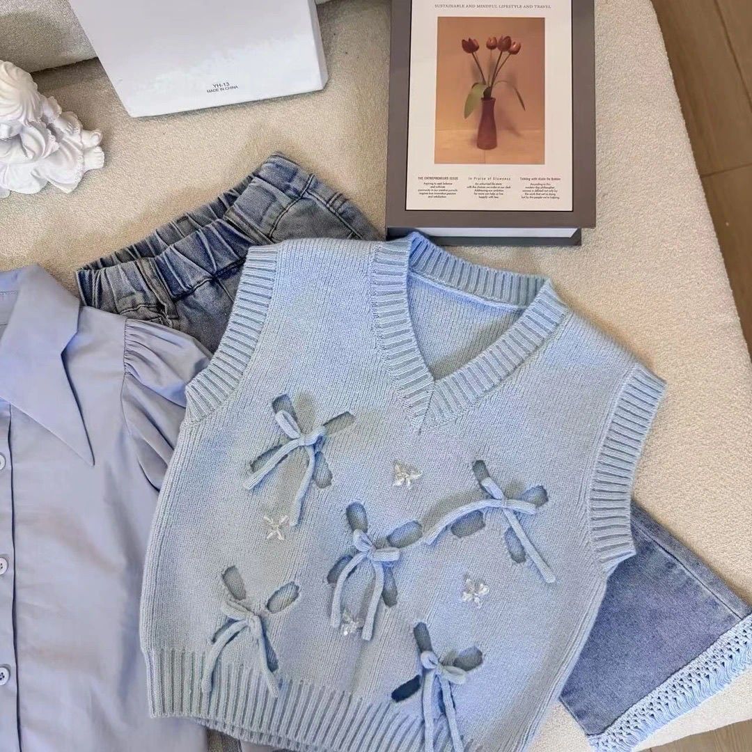 Flickkläder set med skjorta väst och jeans tre delar_voghion.com