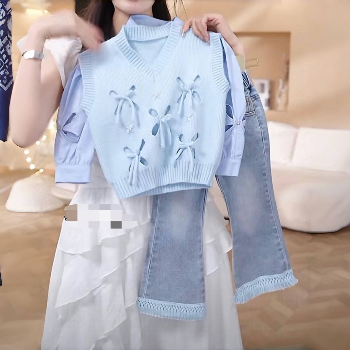 Flickkläder set med skjorta väst och jeans tre delar_voghion.com
