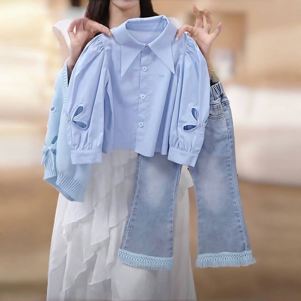 Flickkläder set med skjorta väst och jeans tre delar_voghion.com
