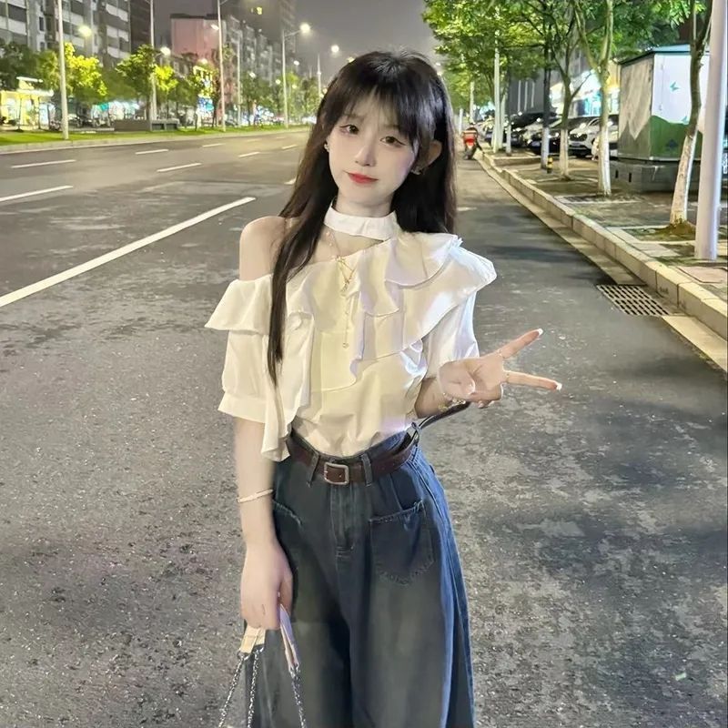 荷叶边法式挂脖白色衬衫女高级感夏季纯欲风性感斜肩洋气短袖上衣