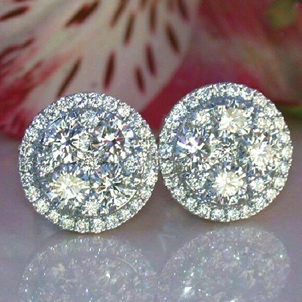 925 Sterling Silver Round White Zircon Stud Drop Earrings Dazzling_voghion.com