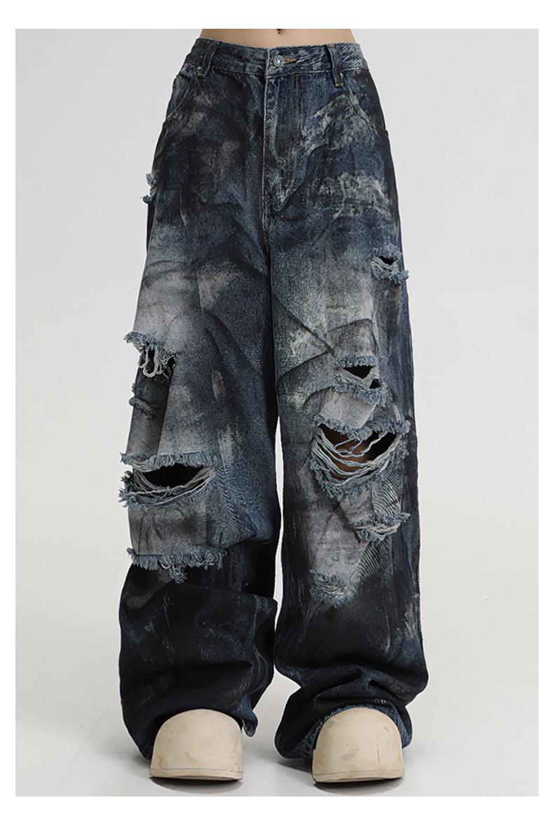 Pants Men's Ins Trendy Tie-dye Ripped Jeans Men's Loose Straight Wide-leg High Street American Beggar Design Trousers_mkmklike.com