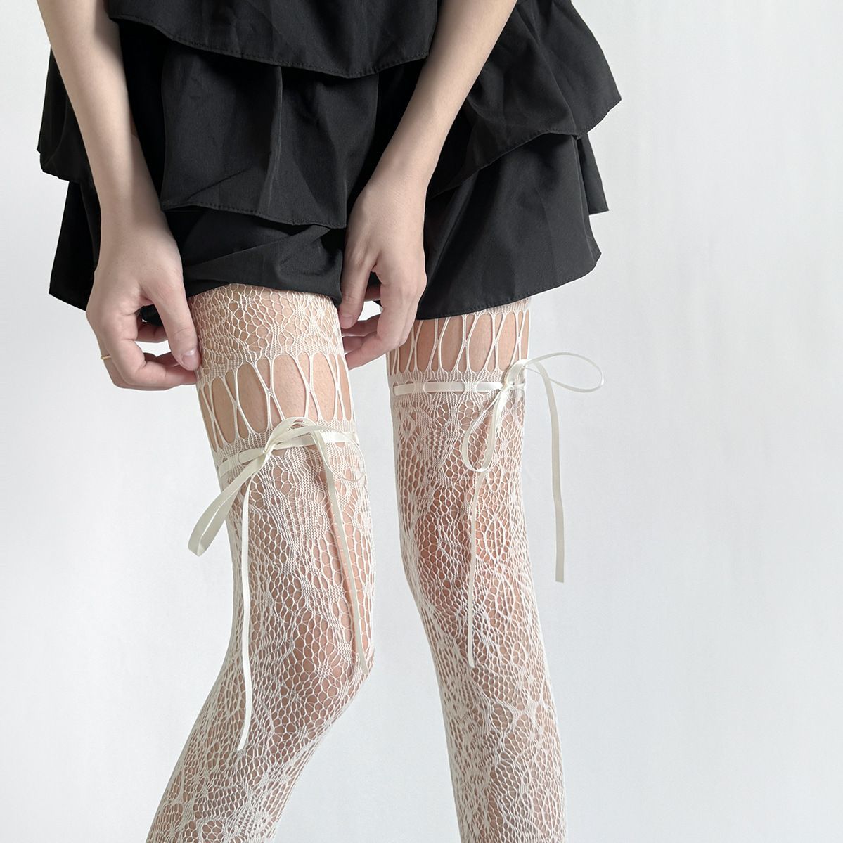 Sexy Spitzenstrümpfe Mit Schleife Florale Netzstrumpfhose Damen_voghion.com