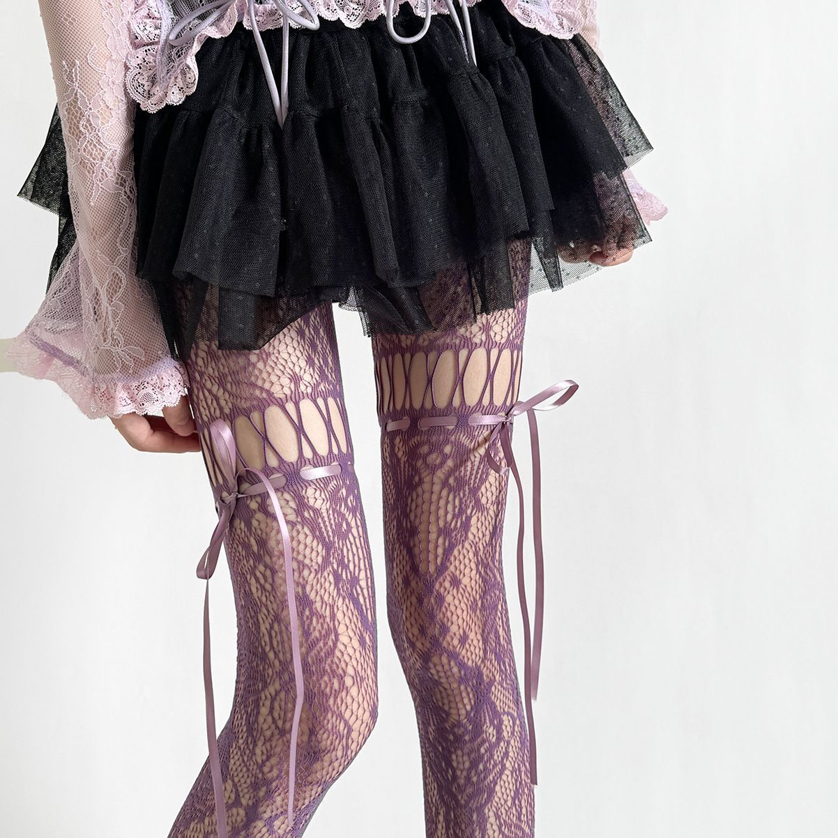 Sexy Lace Ribbon Bow For Women, Thin Floral Mesh Stockings, Anti-snag Pantyhose, Alluring And Pure Desire Long Stockings_voghion.com