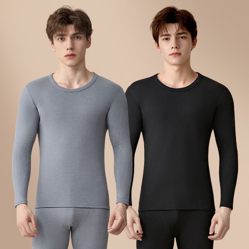 雅鹿冬季AB面德绒男士保暖内衣套装加厚发热秋衣秋裤男圆领包边