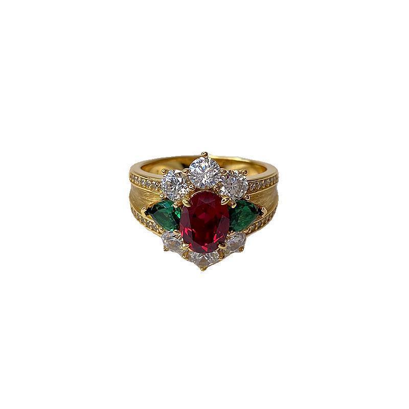 Light Luxury Gold Handcrafted Brushed Emerald Ruby Ring, Offering A Sense Of High-end Luxury, Unique And Niche Designer_voghion.com