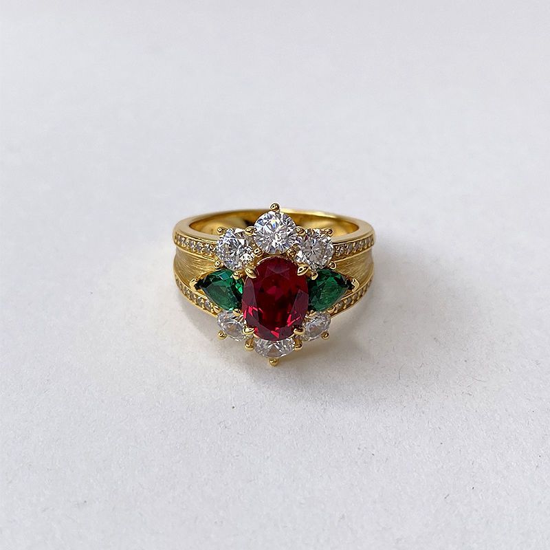 Light Luxury Handcrafted Brushed Gold Emerald Ruby Designer Ring_voghion.com