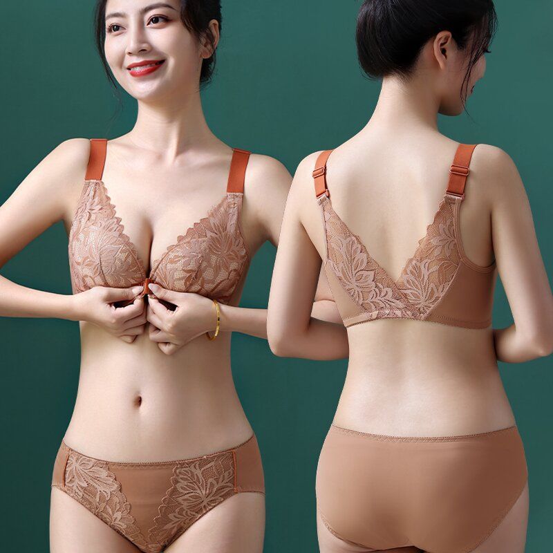 前扣女士内衣聚拢收副乳防下垂性感薄款调整型蕾丝美背文胸罩套装