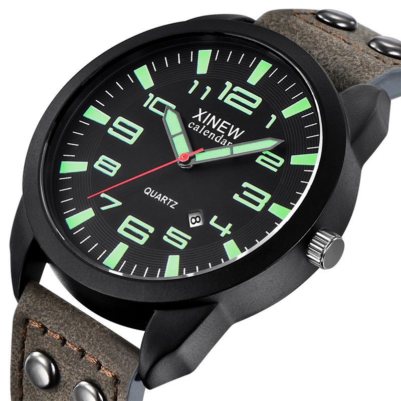 Quartz Men's Watch With Leather Strap And Round Dial Calendar_voghion.com