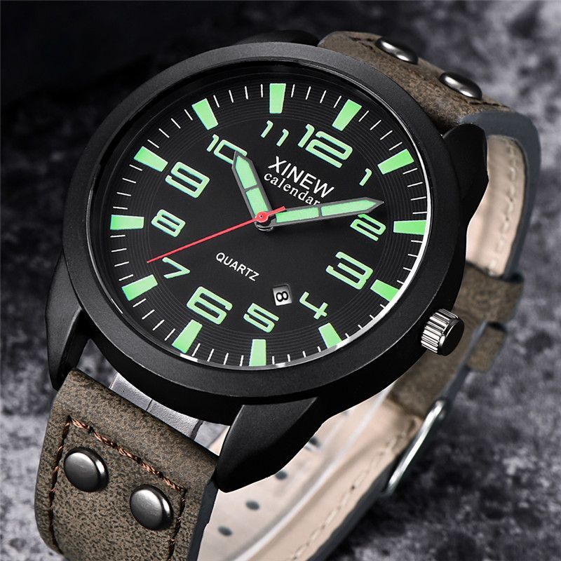 Quartz Men's Watch With Leather Strap And Round Dial Calendar_voghion.com