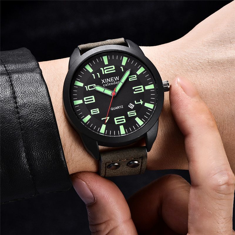 Quartz Men's Watch With Leather Strap And Round Dial Calendar_voghion.com