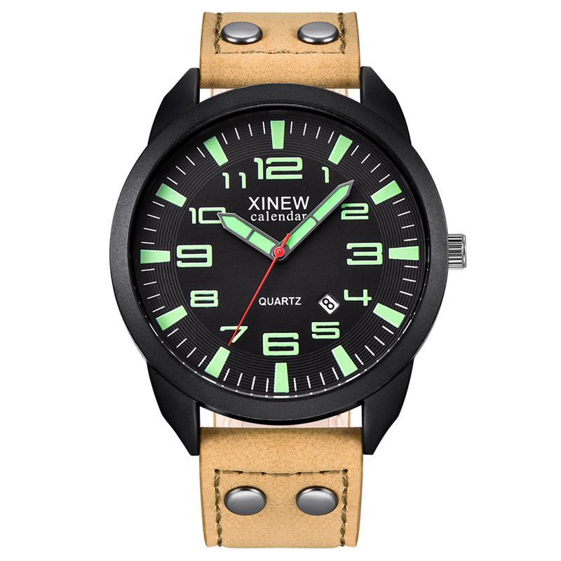 Quartz Men's Watch With Leather Strap And Round Dial Calendar_voghion.com