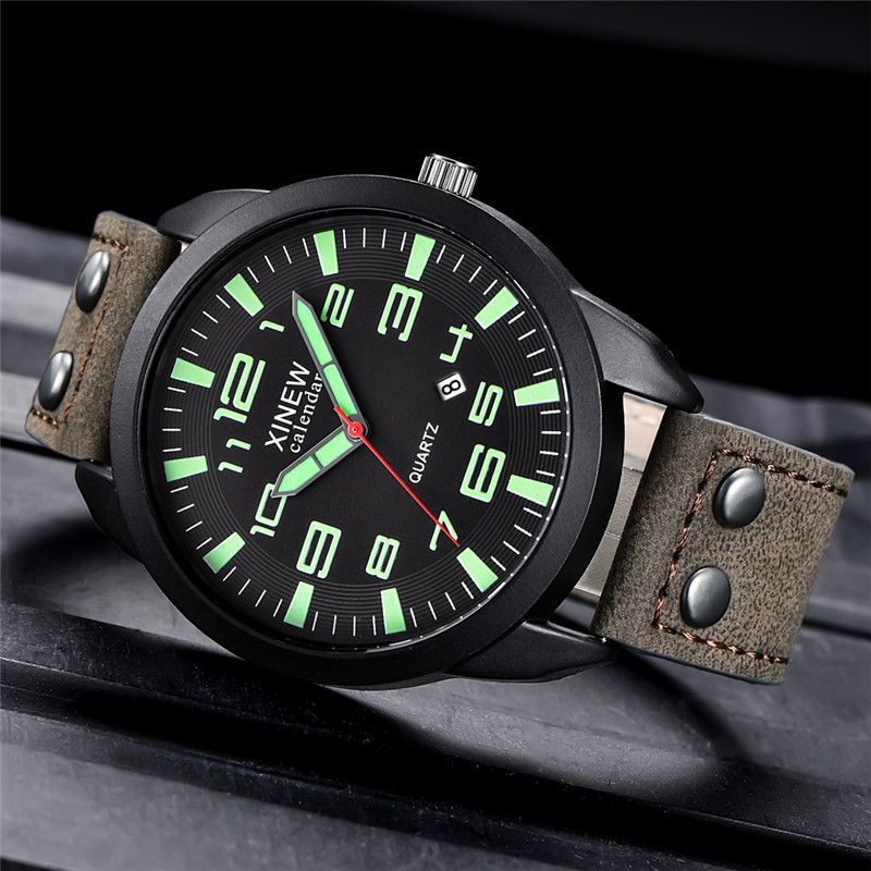 Quartz Men's Watch With Leather Strap And Round Dial Calendar_voghion.com
