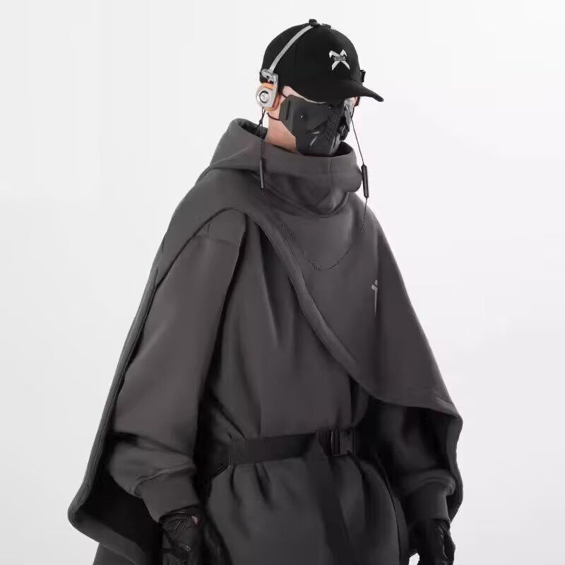 Autumn and winter functional high-neck cloak sweatshirt for men and women trendy loose casual hooded fake two-piece pullover cloak jacket