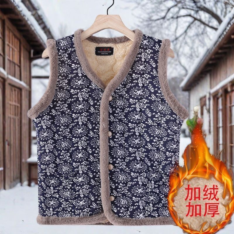 加绒中老年加厚碎花外套妈妈新款奶奶保暖背心秋冬棉服马甲坎肩