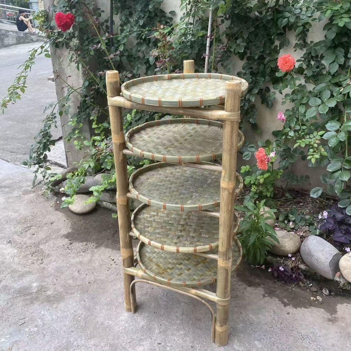 竹簸箕架晾晒架竹架子市井火锅菜架竹多层楠竹晾晒架置物架三脚架