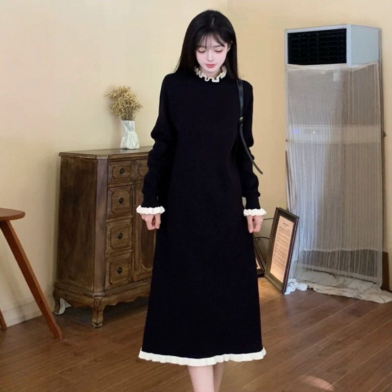 大码木耳边长袖针织连衣裙女胖MM春秋宽松显瘦减龄长款打底毛衣裙