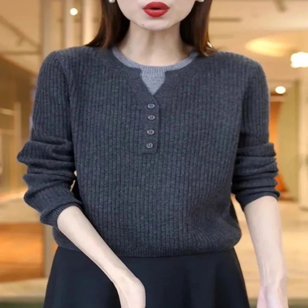 灰色半开领针织打底衫女叠穿秋冬新款内搭假两件毛衣套头