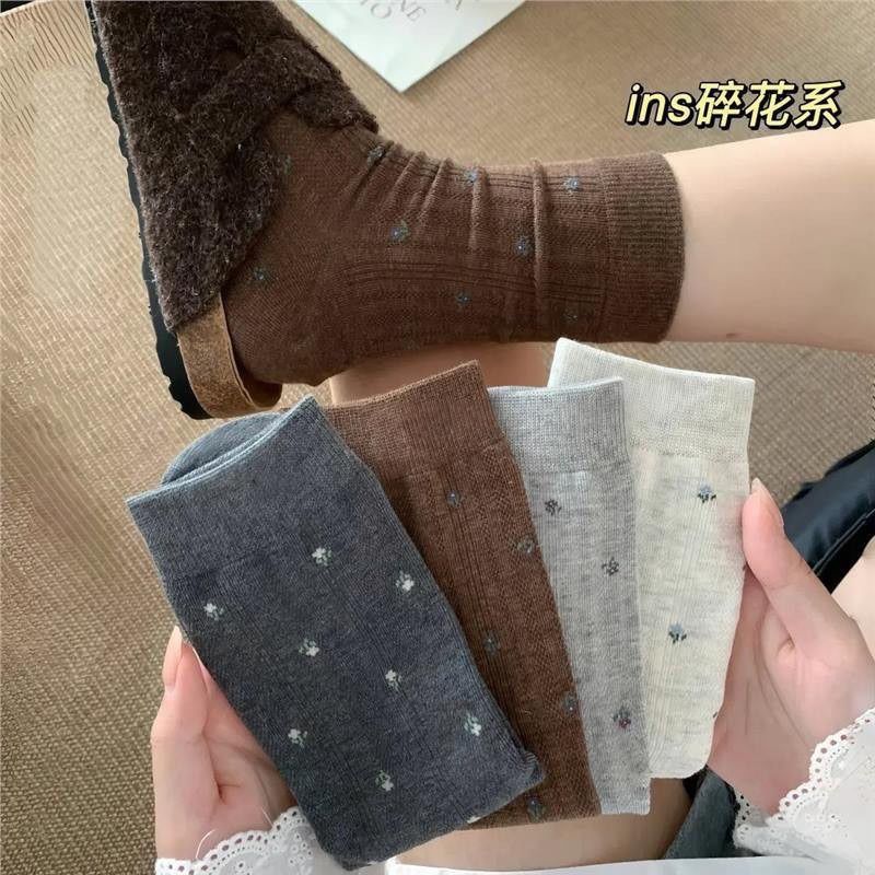 【5双装】碎花早秋无骨中筒袜ins潮白色花边堆堆袜配德训鞋长袜H【3天内发货】