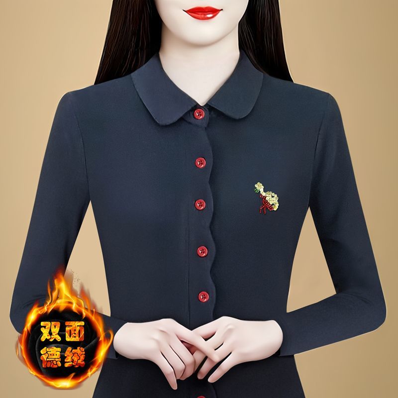 正品冬季双面德绒衬衫领纽扣长袖上衣女G气质妈妈装宽松刺绣小衫