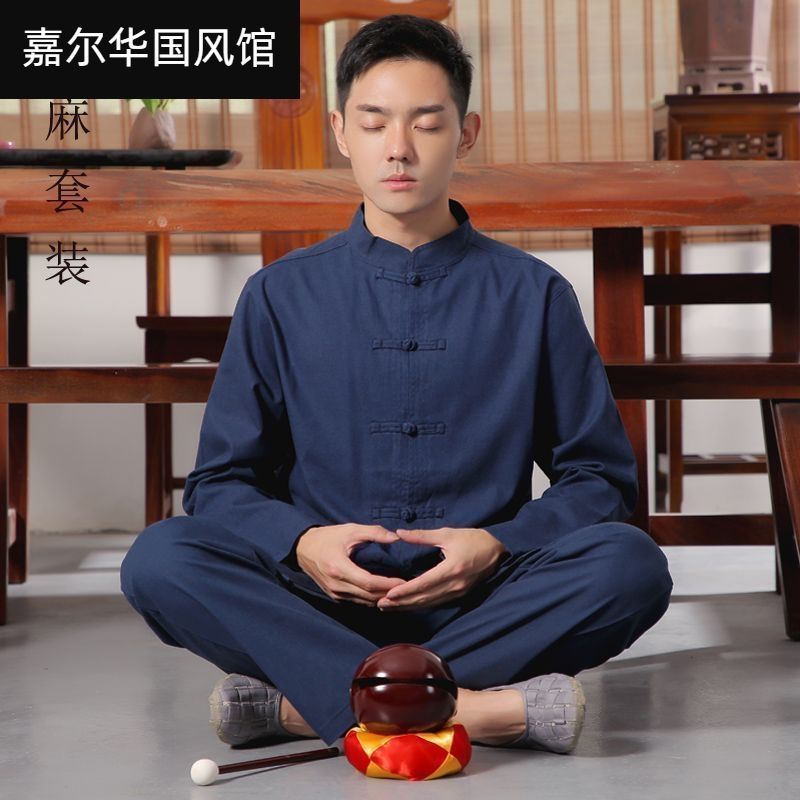 夏季棉麻居士服套装禅修服中年唐装男女同款布扣复古佛系古风汉服 5
