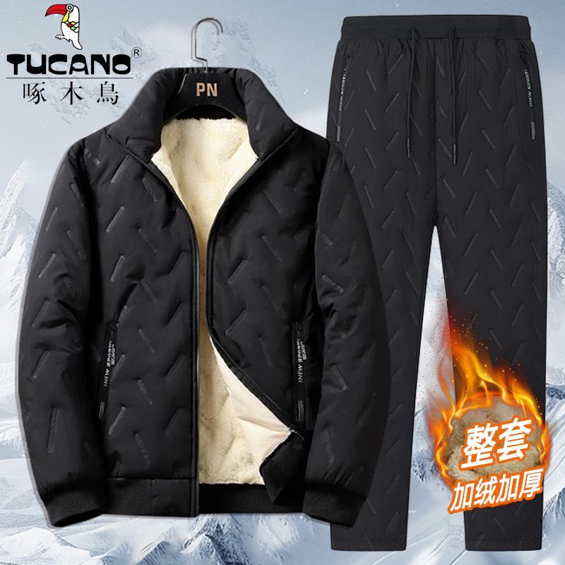 【啄木鸟】加绒加厚棉衣套装男士棉袄冬季防风防寒保暖棉袄棉裤一整套