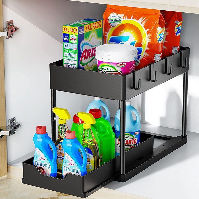 Kitchen Sink Storage Double-layer Shelf, Home Pull-out Bathroom Countertop Multifunctional Spice Rack With Chopstick_voghion.com