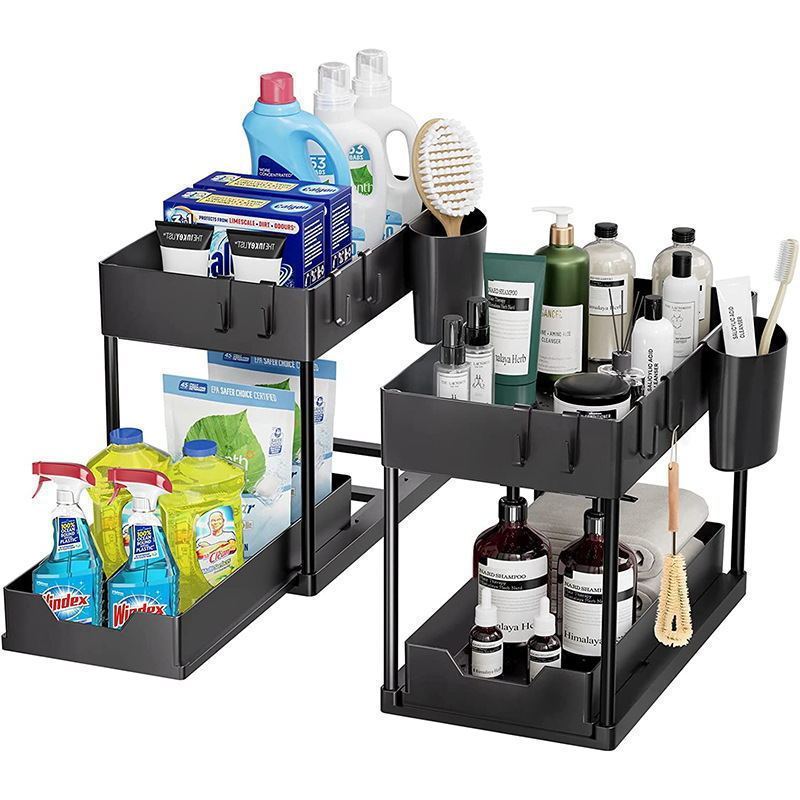 Kitchen Sink Storage Double-layer Shelf, Home Pull-out Bathroom Countertop Multifunctional Spice Rack With Chopstick_voghion.com