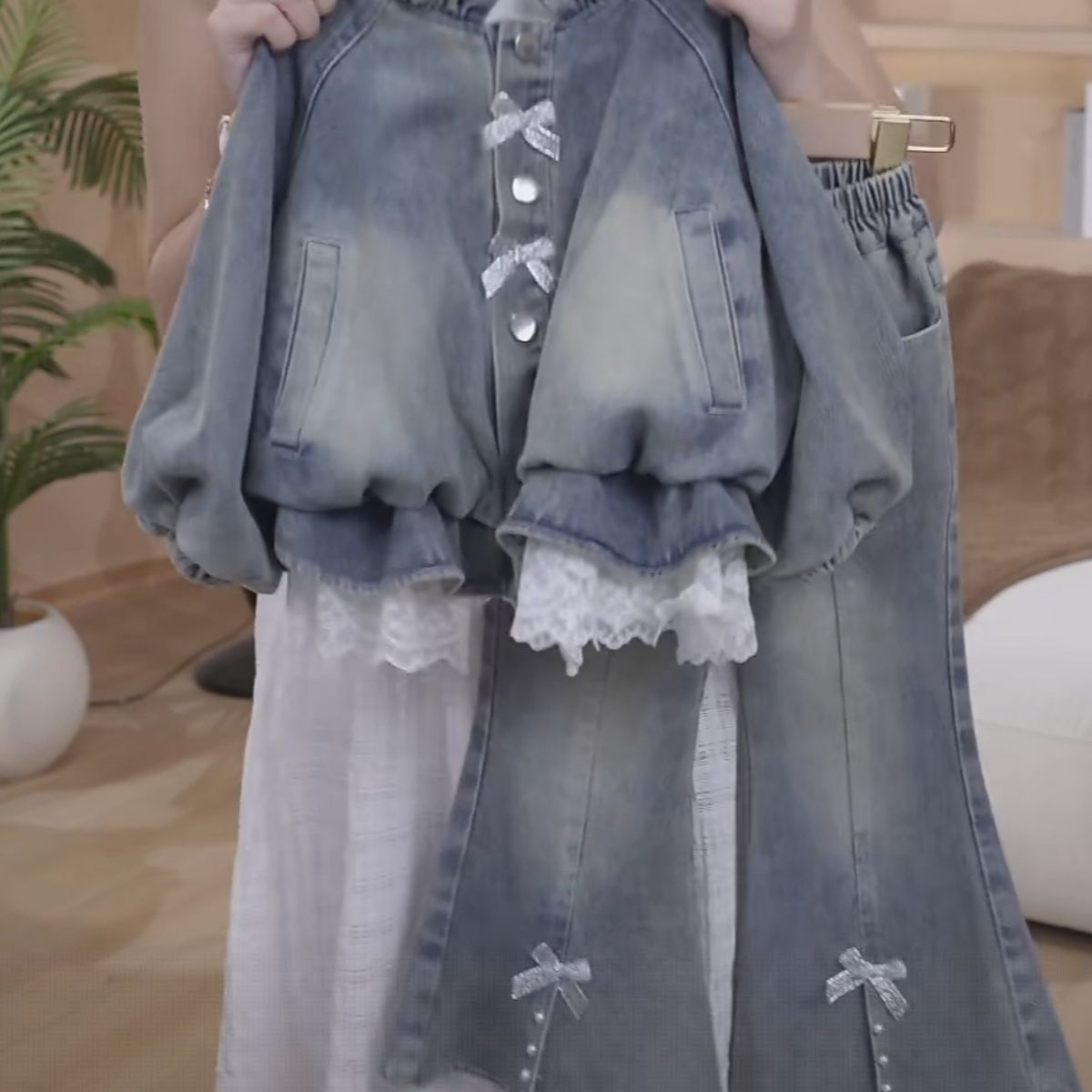 Girls Lace Trim Denim Jacket And Flared Pants Set For Autumn_voghion.com