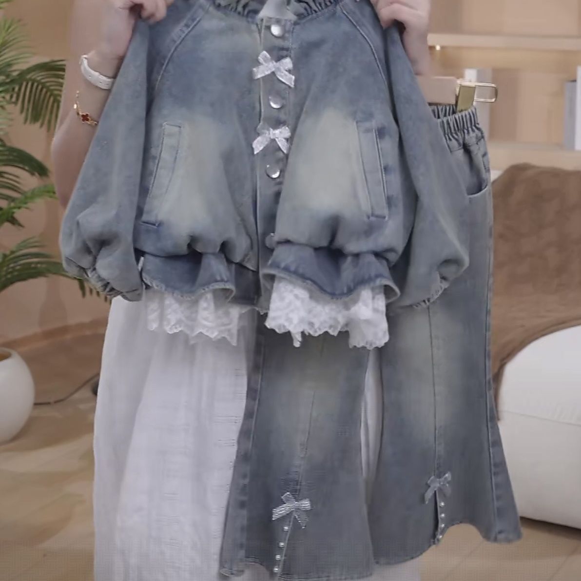 Girls Lace Trim Denim Jacket And Flared Pants Set For Autumn_voghion.com